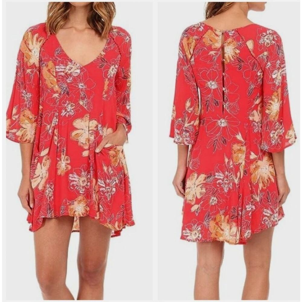 Free‎ People Eyes On You Mini Dress Women 6 Red Floral Poppy Combo Flowy Boho